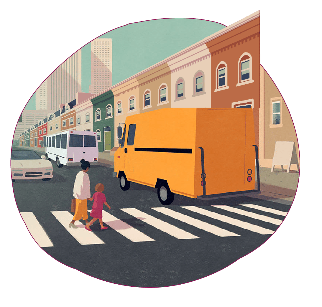 Street scene with people crossing